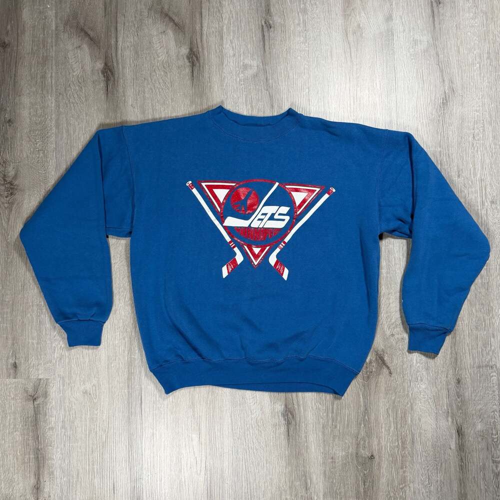 Mens Vintage 90s Starter Winnipeg Jets NHL Crewneck Sweatshirt Blue Large